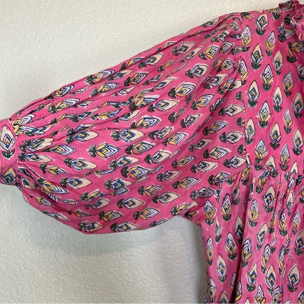 Sur La Vague Women's Pink Floral Puff Sleeve Flowy Ruffle Neck Blouse Small - Picture 5 of 12
